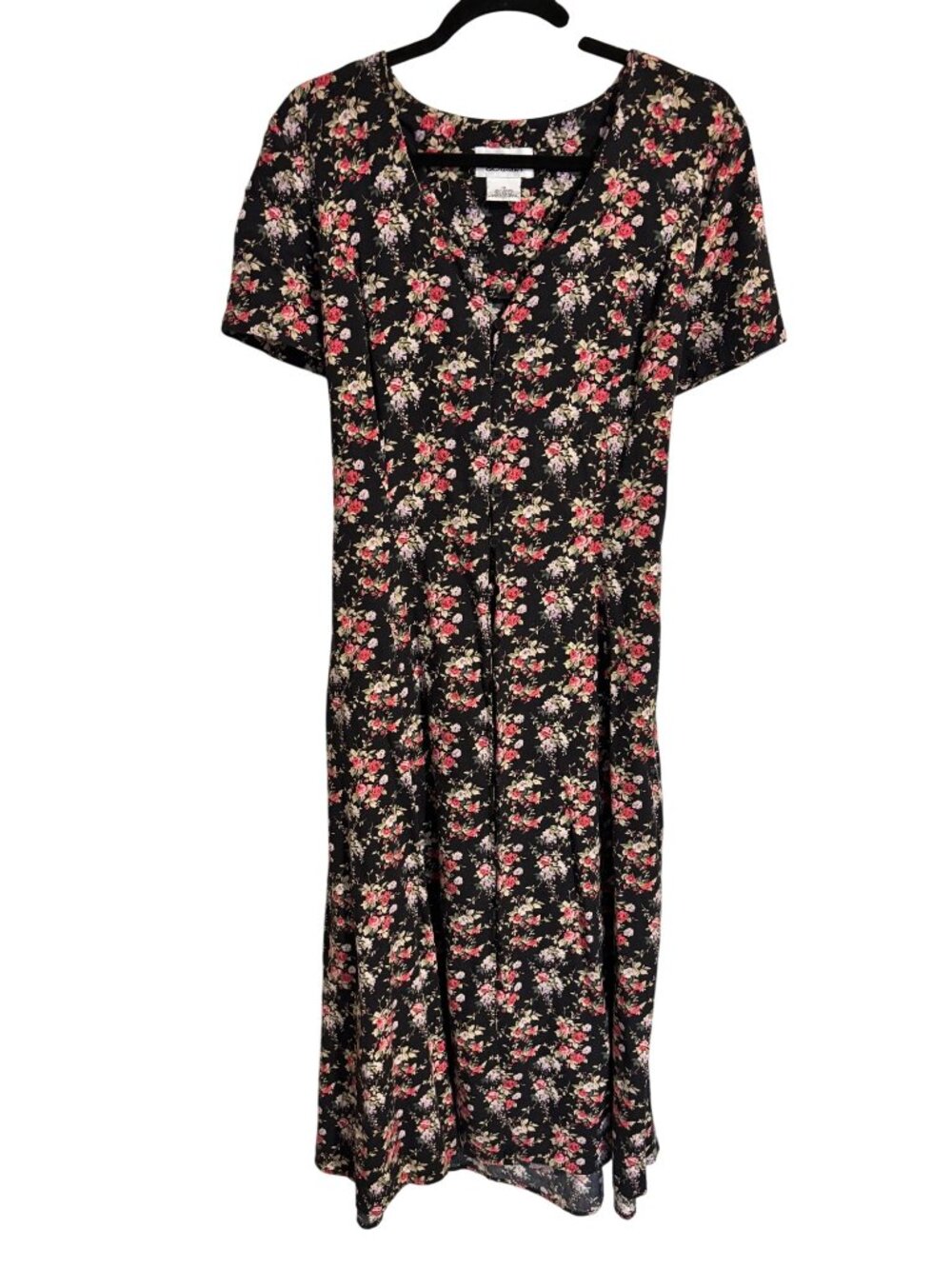 Vintage Darian Floral Black Midi Dress With Short Sleeves Button-Down Front